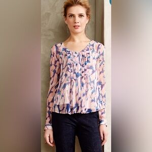 Maeve Anthropologie Pink Blue Abstract Print Pleated V-Neck Blouse Silk